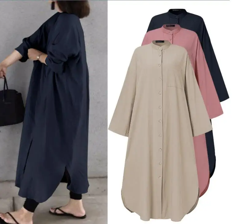 

Cotton and Linen Vintage Solid Loose Shirt Dress Malaysia Prayer Suit