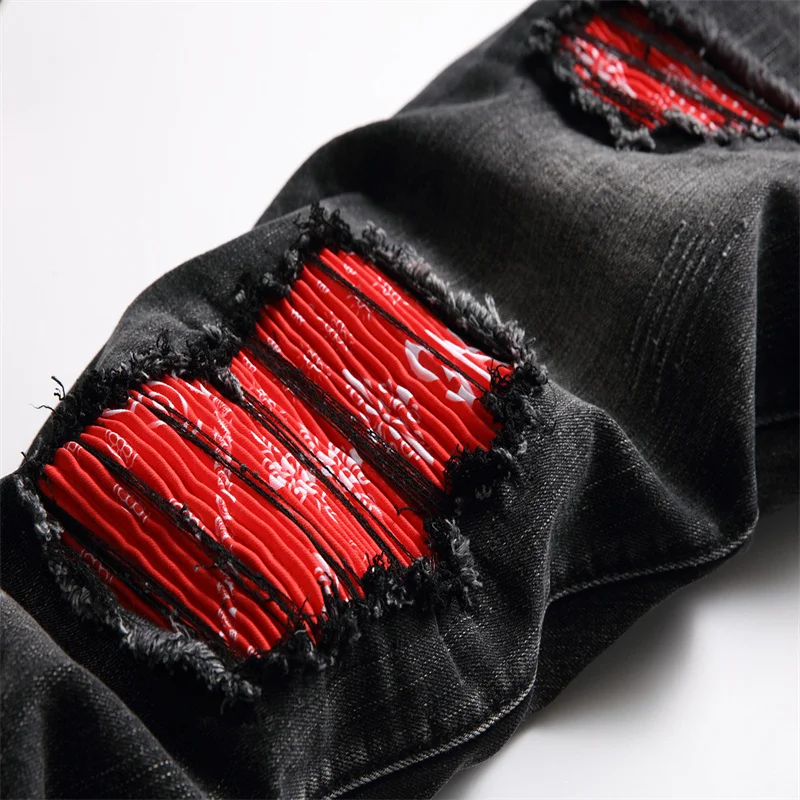 New Autumn Mens Clothing Vintage Black Holes Ripped Motorcycle Casual Pleated Torn Stretch Denim Slim Pants Trousers Biker Jeans