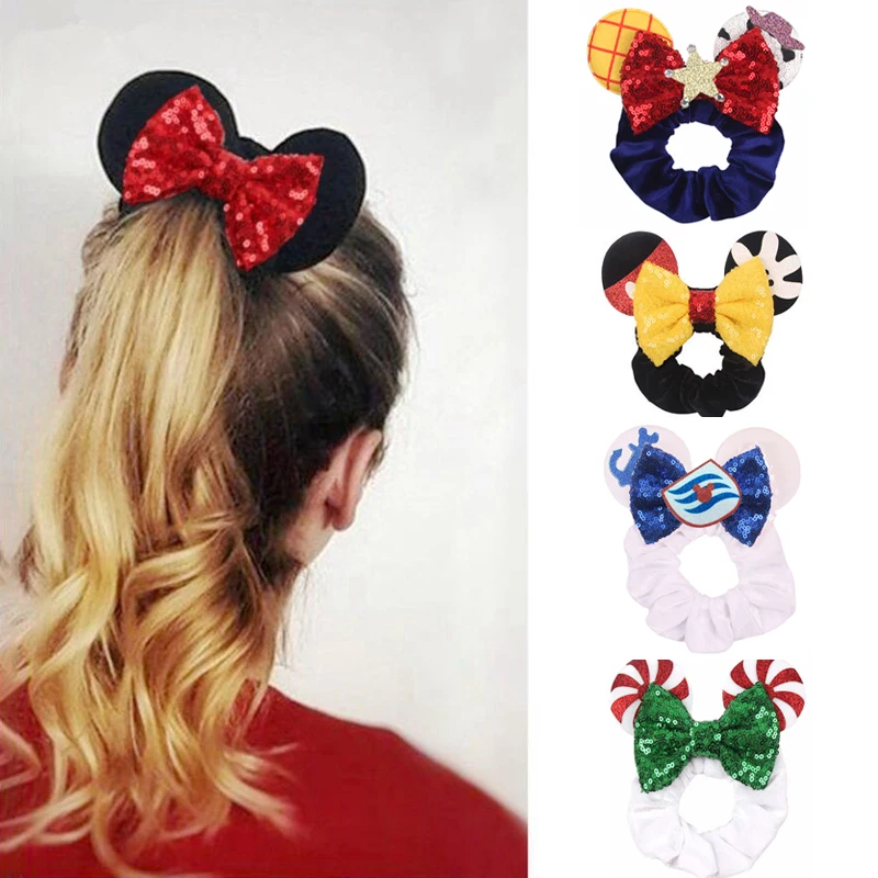 Hot Sales Christmas Mouse Ears Hair Scrunchies Velvet Hairbands For Girls Sequins Bows Headband 2023 Women Trip DIY Accessories