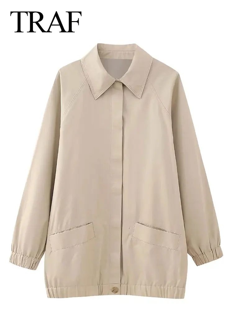 

TRAF Women Fashion Bomber Jackets 2023 Solid Turn Down Collar Loose Jacket Woman Casual Oversize Streetwear Mujer Jackets