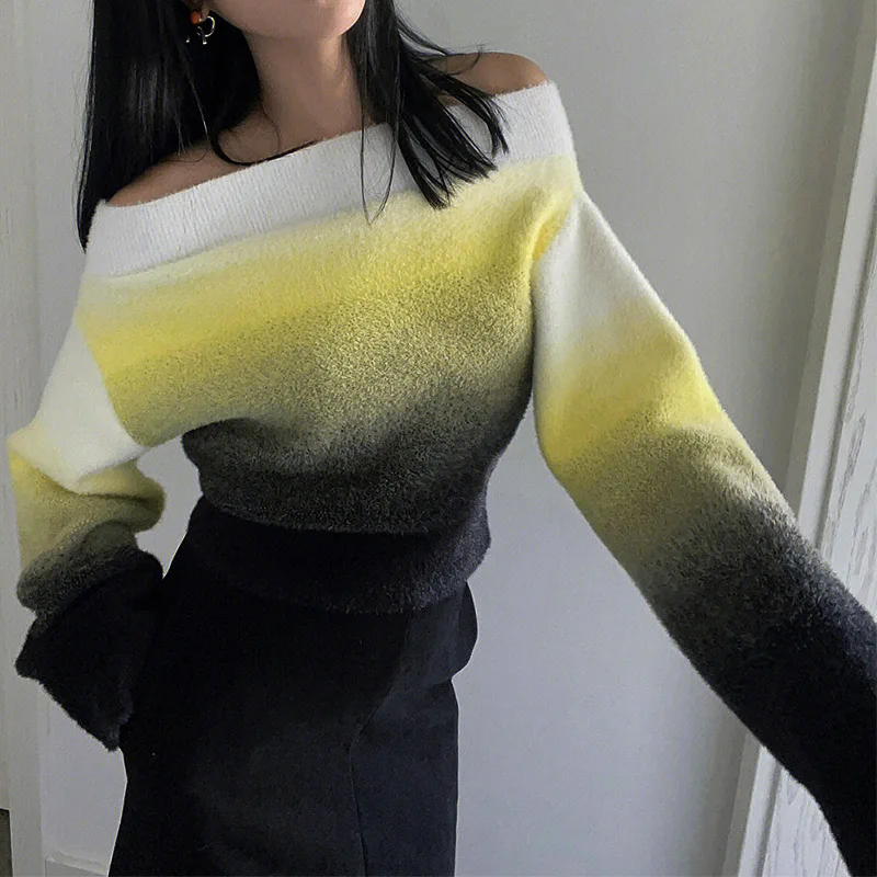 

Fall Outfits Korean Fashion Loose Long Sleeve Gradient Mink Hair Slash Neck Pullover Tops Knitwears Sweater Woman Winter 2022