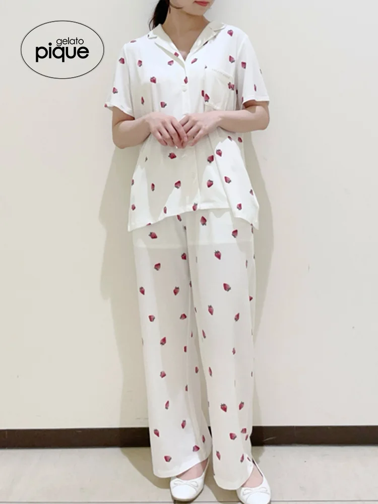 Room Wear Ladies Gelato Pique Summer Short Sleeve Shirt Women's Pajamas Set  Strawberry Printed