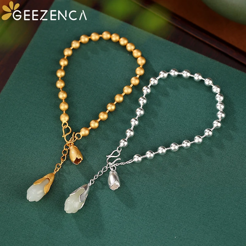 

GEEZENCA S925 Silver Gold Plated Round Beads Jade Magnolia Charm Bracelets For Women Vintage Luxury 20cm Resiable Bracelet Gift