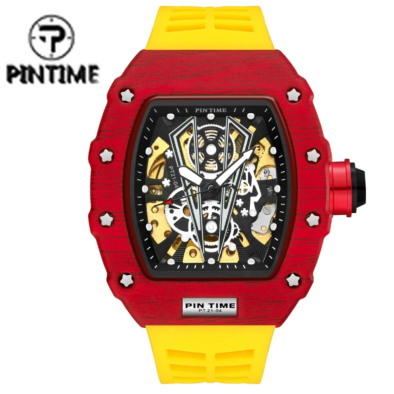 

PINTIME Classic 12 Color Mechanical Men Watch Yellow Rubber Strap Automatic Movement Design Sweep Glide Luxury Wristwatches