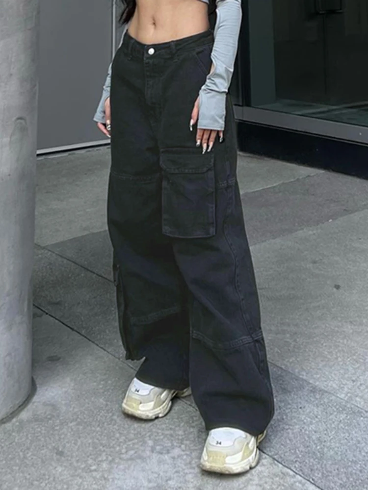 

WeiYao Baggy Wide Leg Denim Cargo Pants Korean Fashion Low Waist Mom Jeans Woman Big Pockets Tech-Streetwear Trousers Black