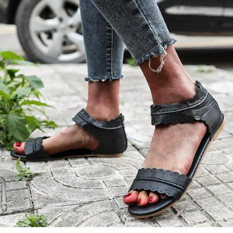 Women's Sandals Retro Flat Sandals Women's Summer Shoes 2022 New Ladies Open Toe Beach Shoes Women's Zipper Casual Sandals 42 43