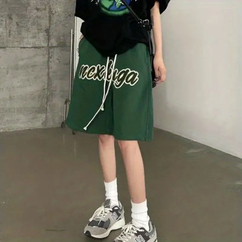 Vintage Shorts Women's Summer New Letter Embroidery High Waist Wide Leg Casual Basketball Short Pants Fashion