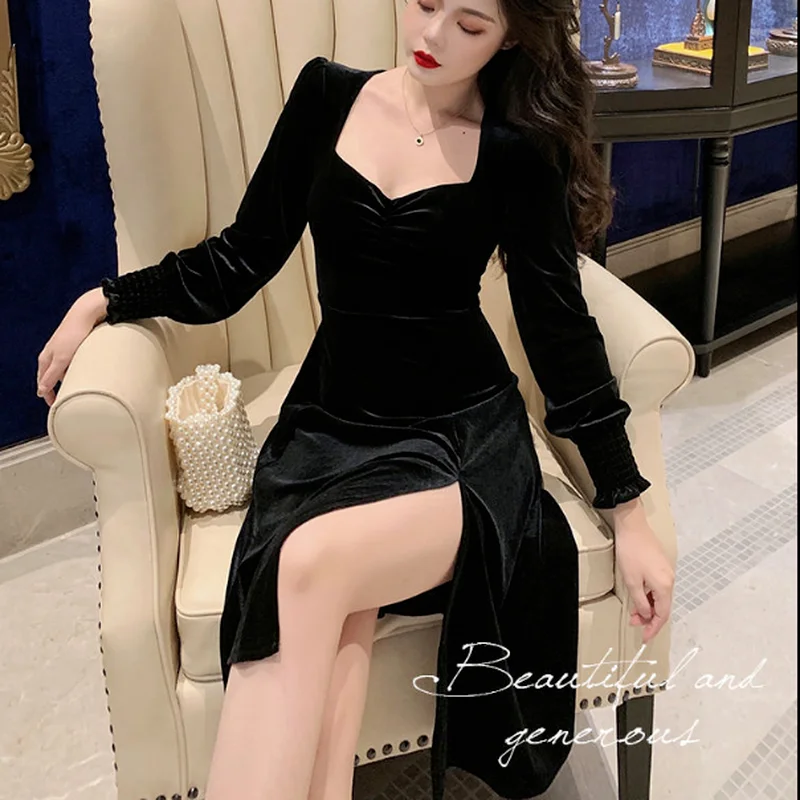 

Fashion Autumn Fairy Sweet Gothic Black Velvet Dress Female V-neck High Waist Pearl Button Long Sleeve Split Mini Dress Female