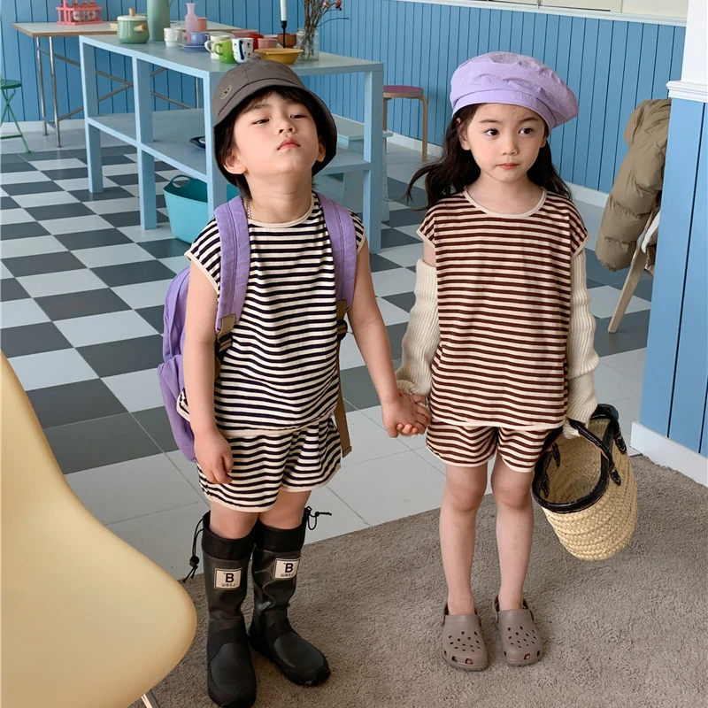 

Children Clothing Kids Striped Suit 2023 Spring Summer New Fashion Korean Style Boys and Girls Vest Shorts Two Piece Casual Set