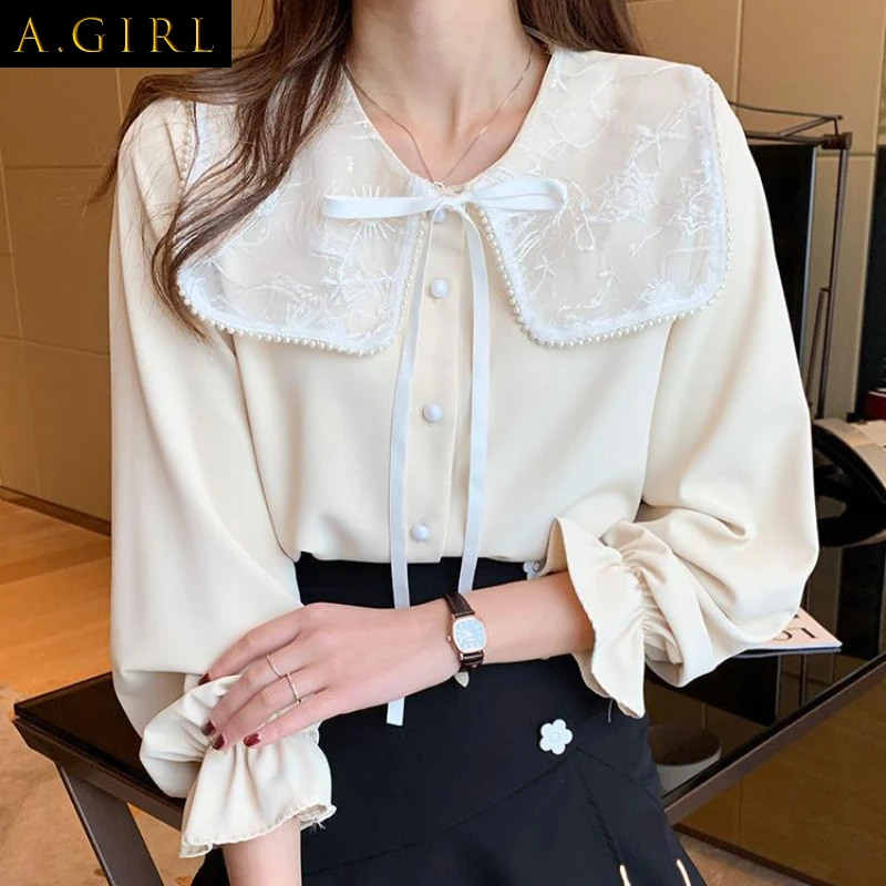 

Shirts Women Spring Peter Pan Collar Design Tops Popular Clothing Flare-sleeve Girls Lovely Simple Tender Basic Newest Female