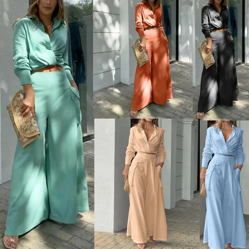 

2 Piece set Suits 2022 New Women Shirt Suits ElegantTrousers Set Female Long Sleeve Shirt And Wide Leg Straight Pants Streetwear