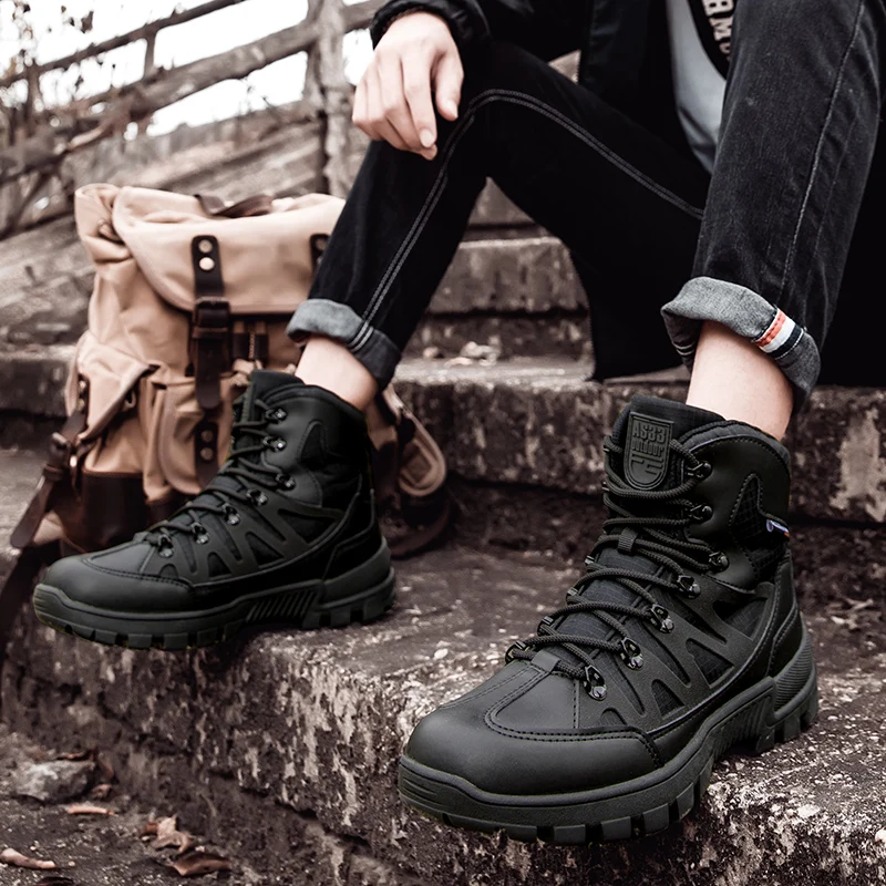 HIKEUP Men's Winter Boots Outdoor Wild Military Boots Practice Field Training Hiking Shoes High Top Anti-Slip Wear-Resistant