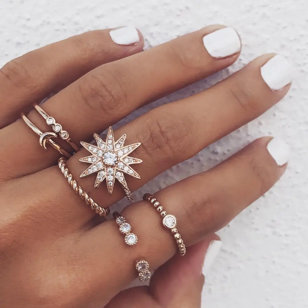 

Fashion Crystal Sun Moon Star Round Zircon Rings Set for Women Gold Color Geometric Twist Knuckle Finger Rings Trendy Jewelry