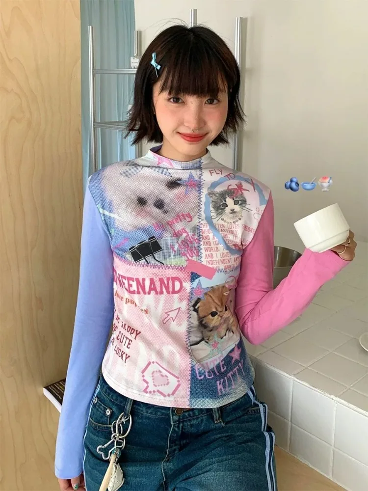 Kimutomo Y2k футболки женские винтажные с рисунком кота милые сексуальные базовые