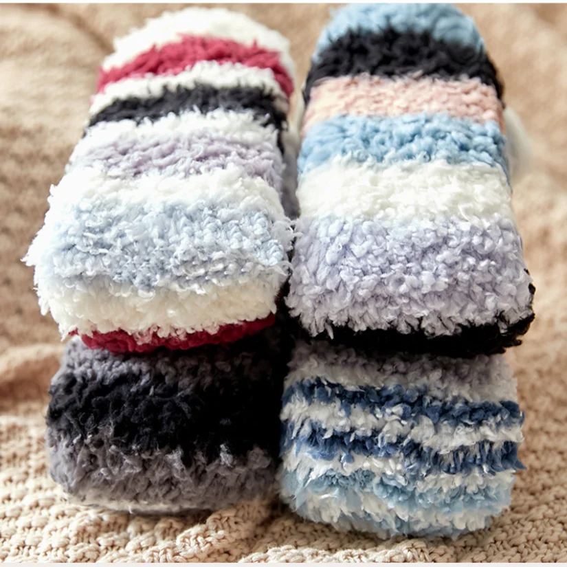 Womens Fuzzy Thermal Sock Plush Grip Stripe Winter Warm Soft Female Home Indoor Silicone Non slip Thick Slipper Floor Sock