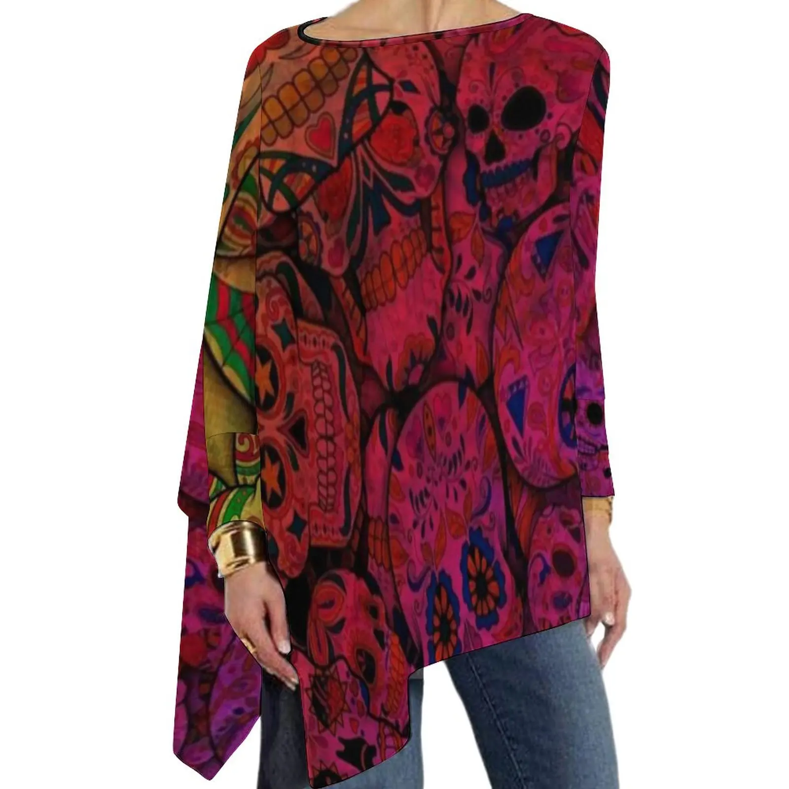 

Halloween T-Shirt Rainbow Sugar Skulls Print Elegant Long Sleeve T Shirts Street Style Big Size Tee Shirt Female Print Clothes