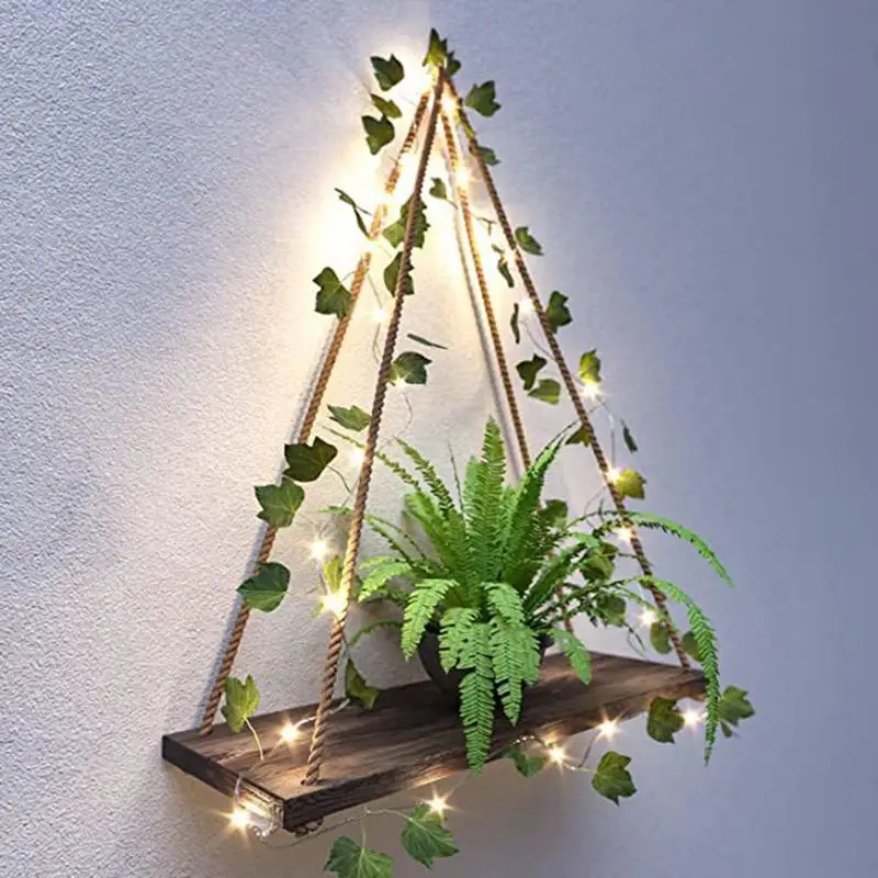 

Wall Hanging Plant Shelves With Greenery Style LED Light Strip Wooden Swing Floating Rope Shelf For Home Decor Window Plant Rack