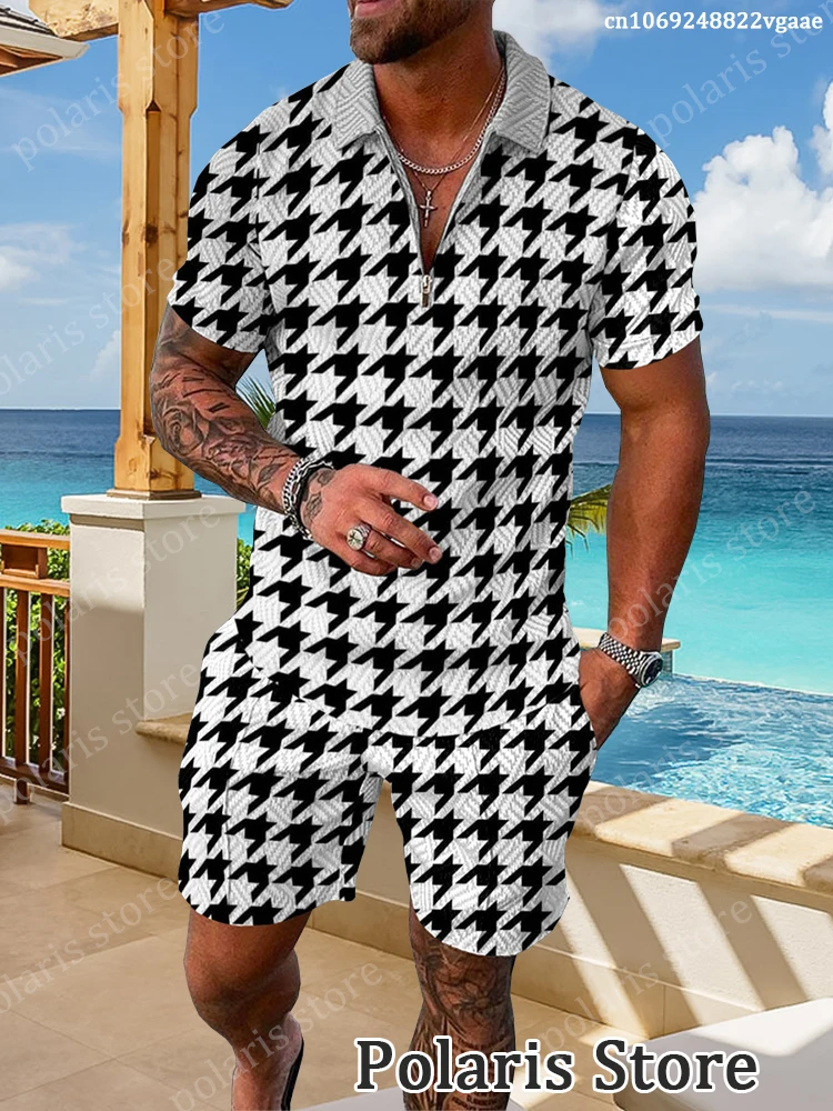 Black And White Plaid Houndstooth Print Short Sleeve Polo Shirt Set 2 Piece Suit Casual Tracksuits Outfits Male Fitness Clothes
