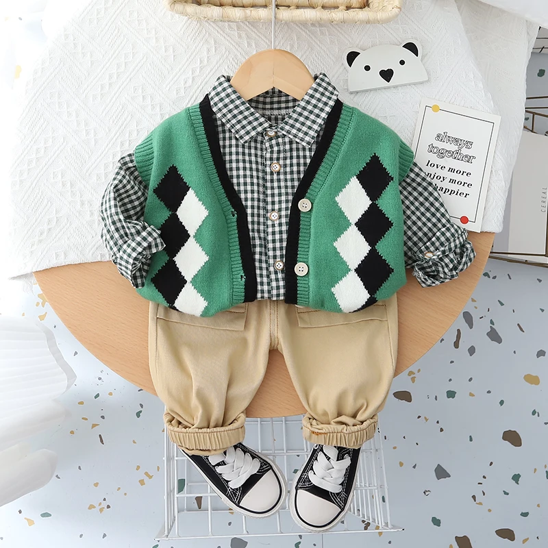 

2022 Autumn Infant Clothes Outfits Boys Clothing Sets Kids Knitted Vest Plaid Shirt Pants Baby Tracksuit Children Sportswear