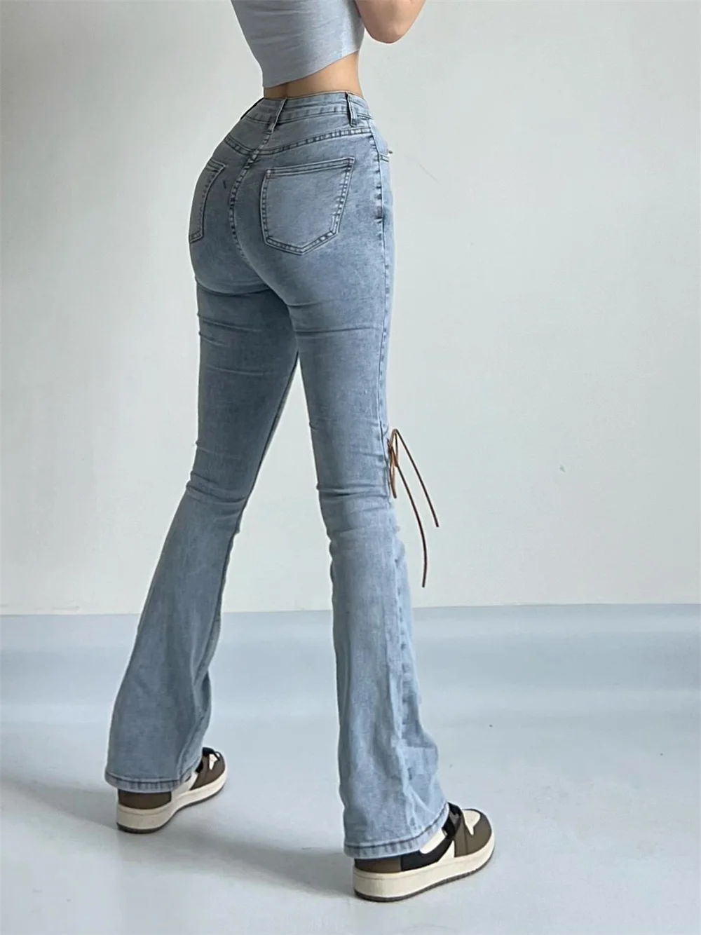 

New Sweet Summer Retro Tight Waist Stretch Denim Flared Pants Solid Color Sexy Stitching Tied Rope Women's Clothing GB6S