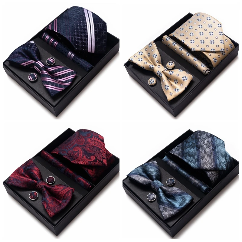 6pcs Tie Set Box Luxury Men Necktie Fashion Bowtie Cufflinks Gift Box Handkerchief Mens Necktie Wedding Groomsmen Accessories