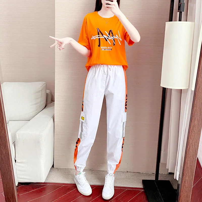

387 Summer women t shirt cotton sportwear suit 2 pieces set y2k outfits 2022 Fashion Sportswear Women's Loose Ins Super Hot