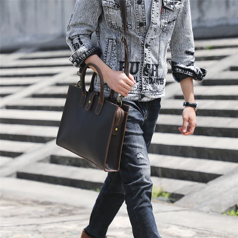 Vintage crazy horse cowhide men's women's briefcase business laptop handbag simple genuine leather work shoulder messenger bag