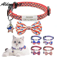 flag bowtie cat collar personalized nameplate breakaway bowknot cat collar bell necklace custom engraved name tag pet cat collar