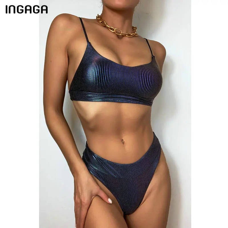 

INGAGA Ribbed Bikini Push Up Women's Swimwear 2022 Sexy Swimsuits Solid Bikinis Set High Leg Biquini Bathing Suits New Beachwear