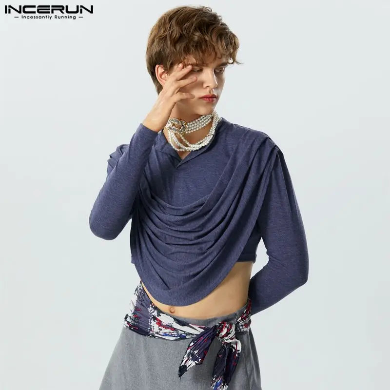 

2023 Men Irregular T Shirt V Neck Long Sleeve Pleated Personality Casual Crop Tops Streetwear Fashion Camisetas S-3XL INCERUN