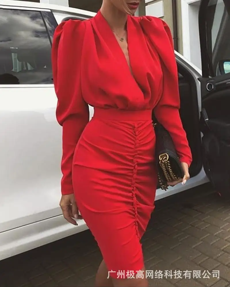 

Women's Dress, Red, Puff Sleeves, Pleated Slim Fit, Solid Color Long Sleeve Dress, Party, Elegant