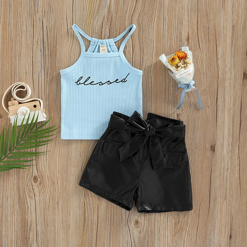 

Girls Shorts Set Ribbed Letter Print Sleeveless Sling Tops + High Waist Leather Shorts Cute Two-Piece Set