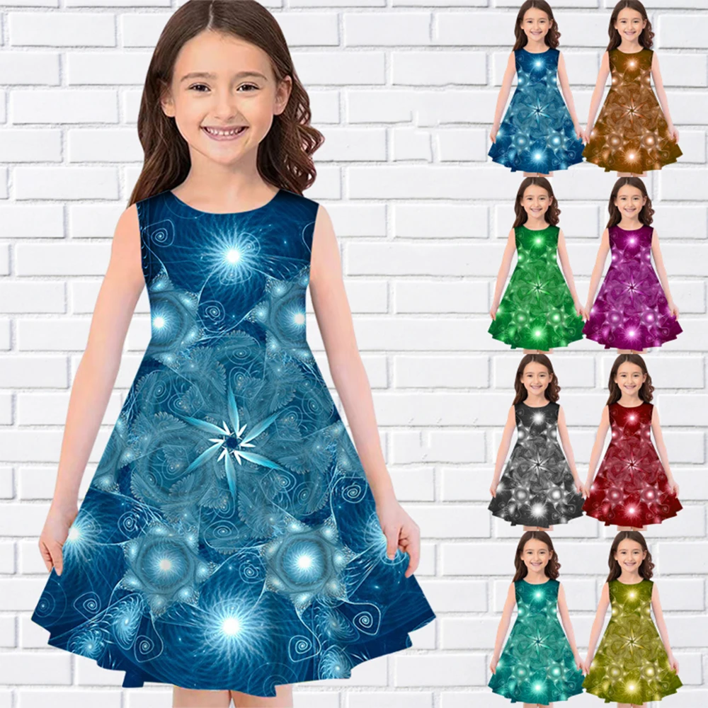 

Elegant Style Print Summer Sleeveless Girl Dress Casual O-Neck Long Dresses Fashion Girl Dresses For Eid Trend Kids Midi Skirt