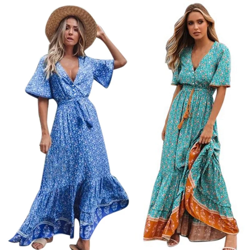 

2Pcs Retro Maxi Dress Women Summer Short Sleeve V Neck Floral Print Boho Beach Long Dress Royal Blue M & Lake Blue XL
