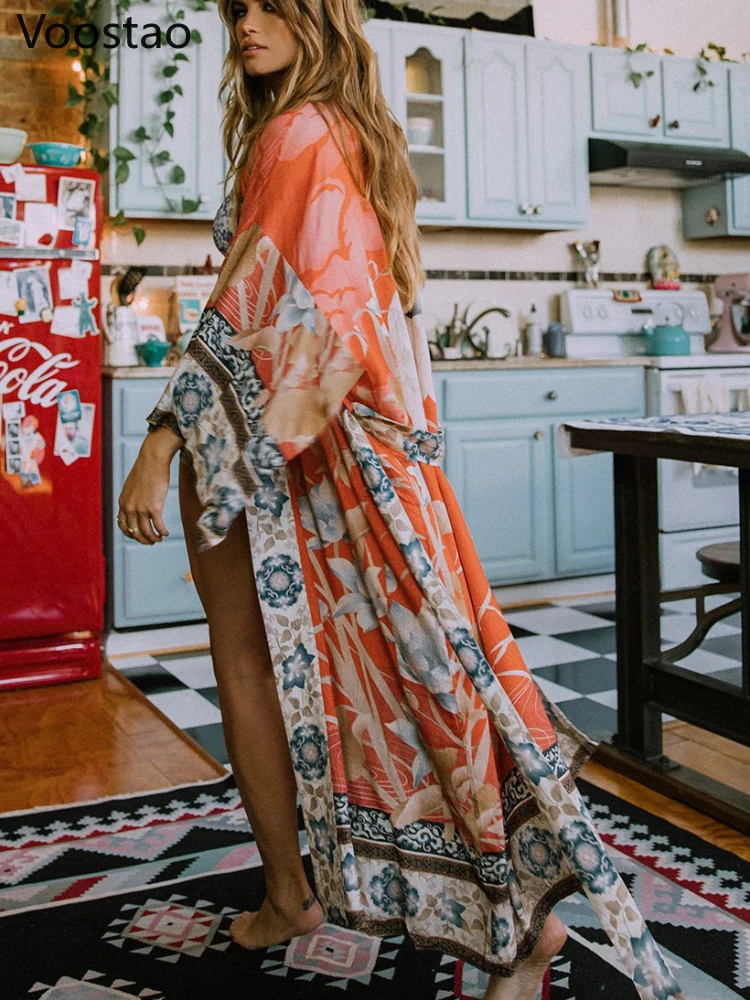 

Summer Vacation Beach Cover Up Kimono Vintage Floral Print Holiday Bikini Outing Boho Loose Long Cardigan Swimsuit Covers New