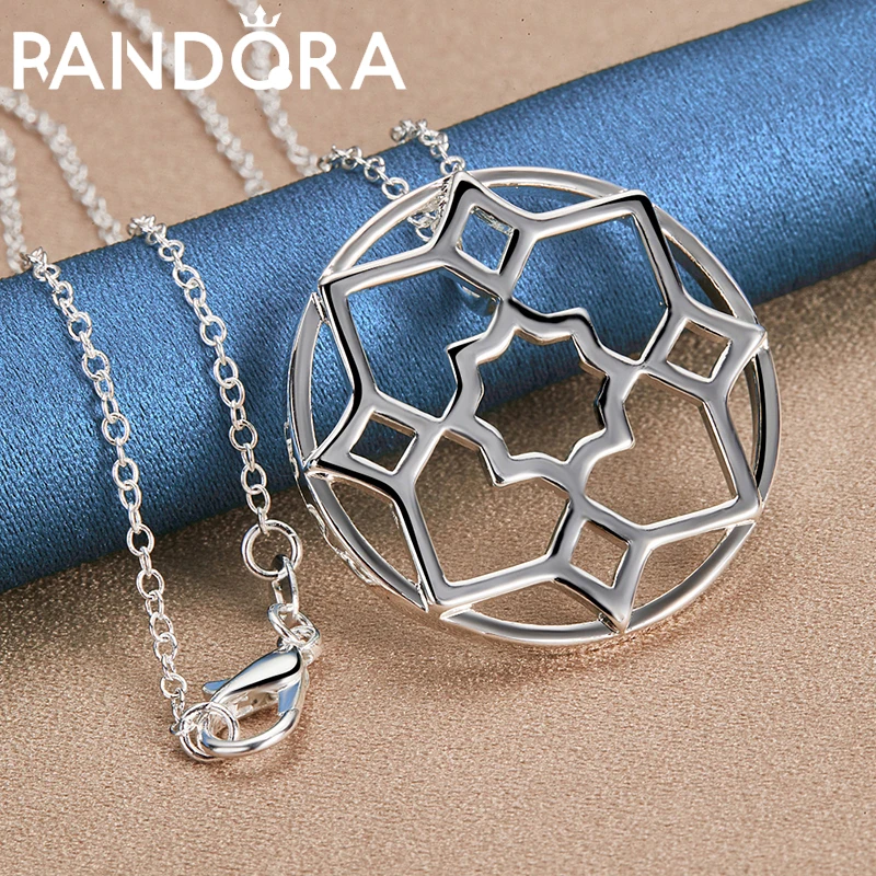 

RAIVDQRA 925 Sterling Silver 16-30 Inch Necklace For Woman Hollow Round Flower Pendant Neck Chain Fashion Charm Jewelry Gift