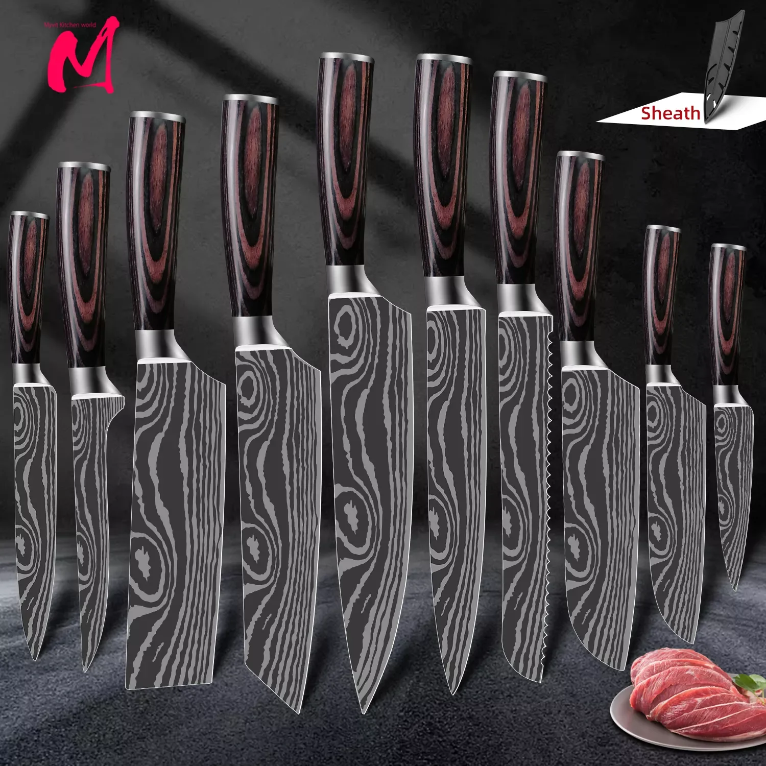 

kitchen knives 1-10pcs 7CR17 High Carbon Stainless Steel Damascus Drawing Gyuto Cleaver Set Slicer Santoku Knife Chef knife