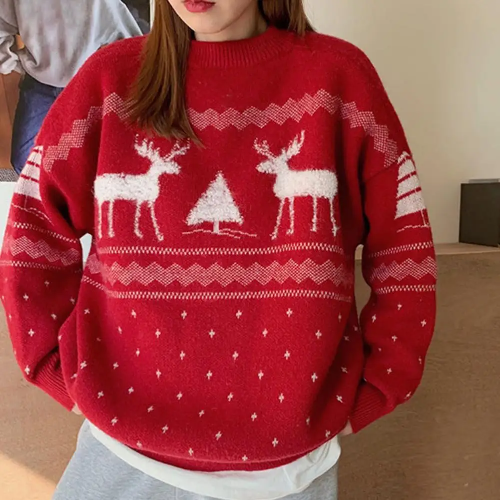 

Elk Print Christmas Print Women Sweater Trendy Crew Neck Long Sleeve Knitted Sweater Loose Fit Stretchy Women Sweater for Gift