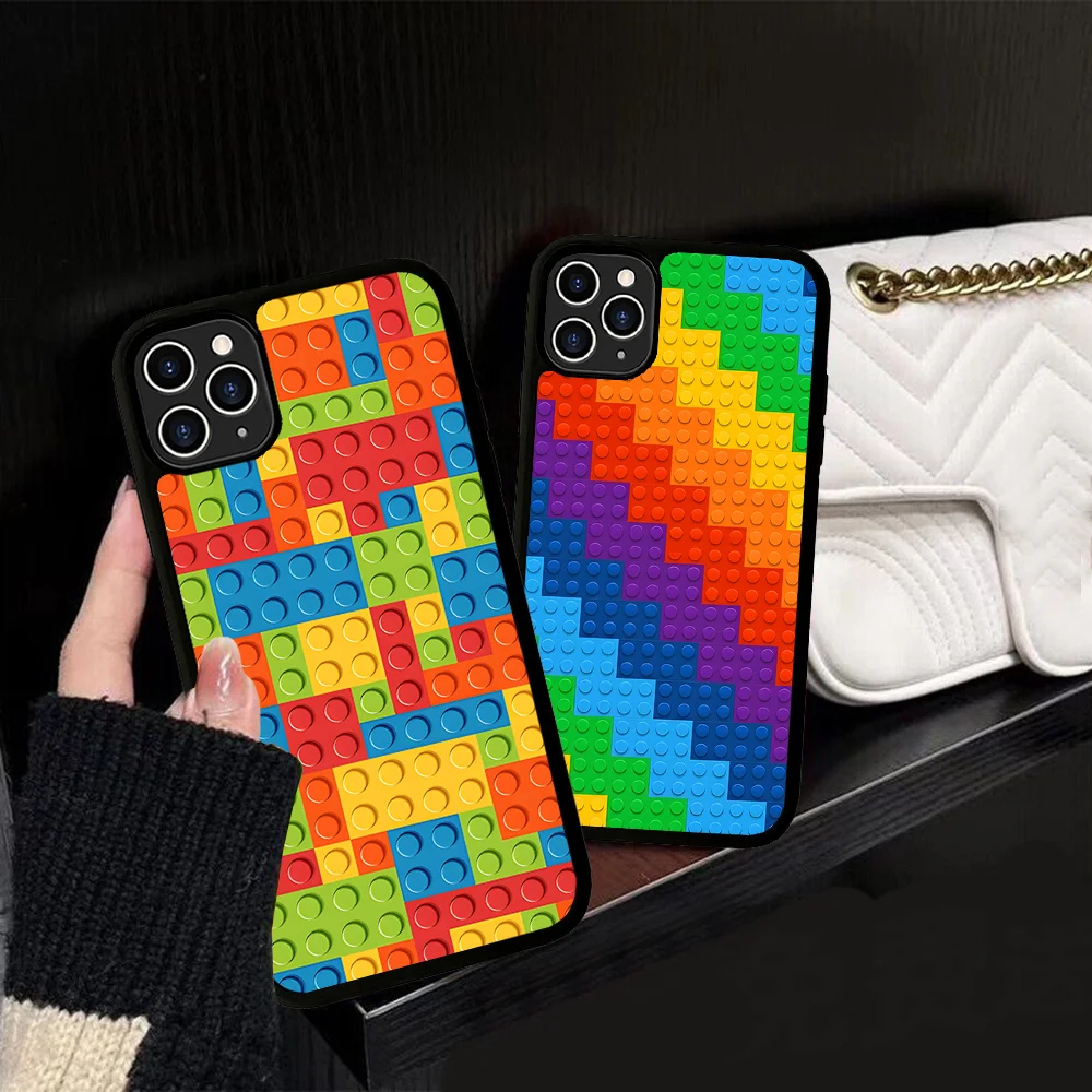 L-Lego Bricks Background Phone Case Silicone PC+TPU For IPhone 11 12 13 14 15 16 Plus Pro Max Cover