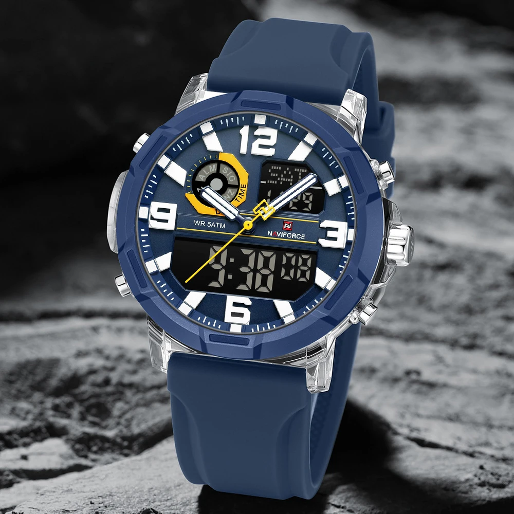 Фото Мужские спортивные часы NAVIFORCE класса люкс с хронографом, водонепроницаемые, цифровые, с ремешком из нержавеющей стали, модные, Relogio Masculino №1