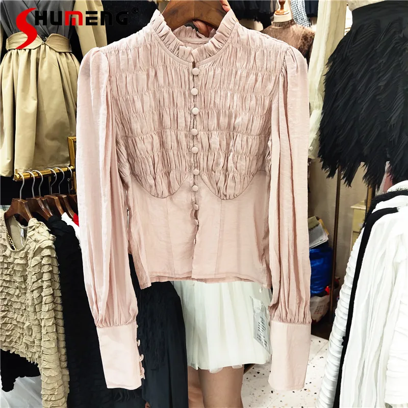 

Женская блузка на пуговицах, однотонная розовая приталенная блузка с длинными рукавами и воланами, весна 2022