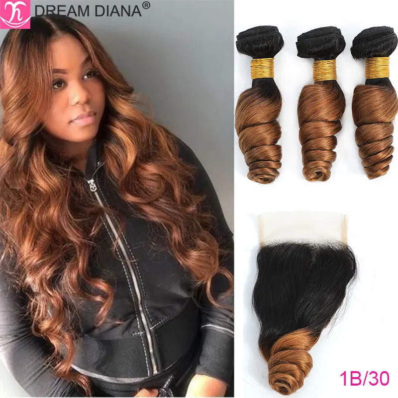 

DreamDiana 32 34 36-дюймовые волнистые пучки омбре с застежкой Remy бразильские волосы плетение 4X4 кружевная застежка пряди волнистые волосы