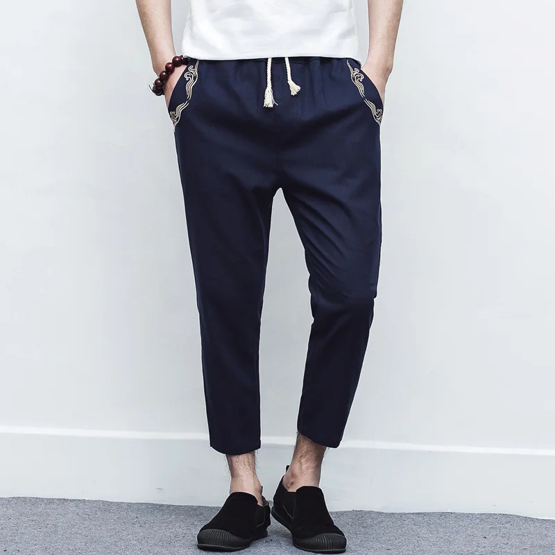 

Summer Men's Cotton Linen Cropped Trousers Casual Pants Men's Linen Trousers Embroidery Thin Harem Pants Plus Size Ankle Length