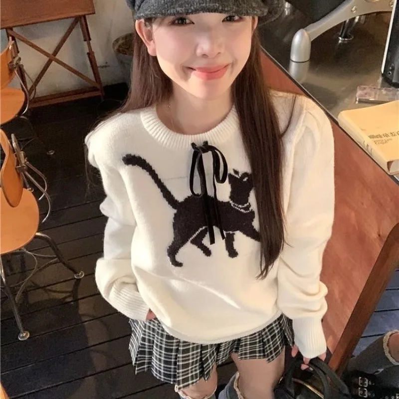 Свитер Ezgaga женский пуловер с рисунком кота и бантом осень-зима круглым вырезом