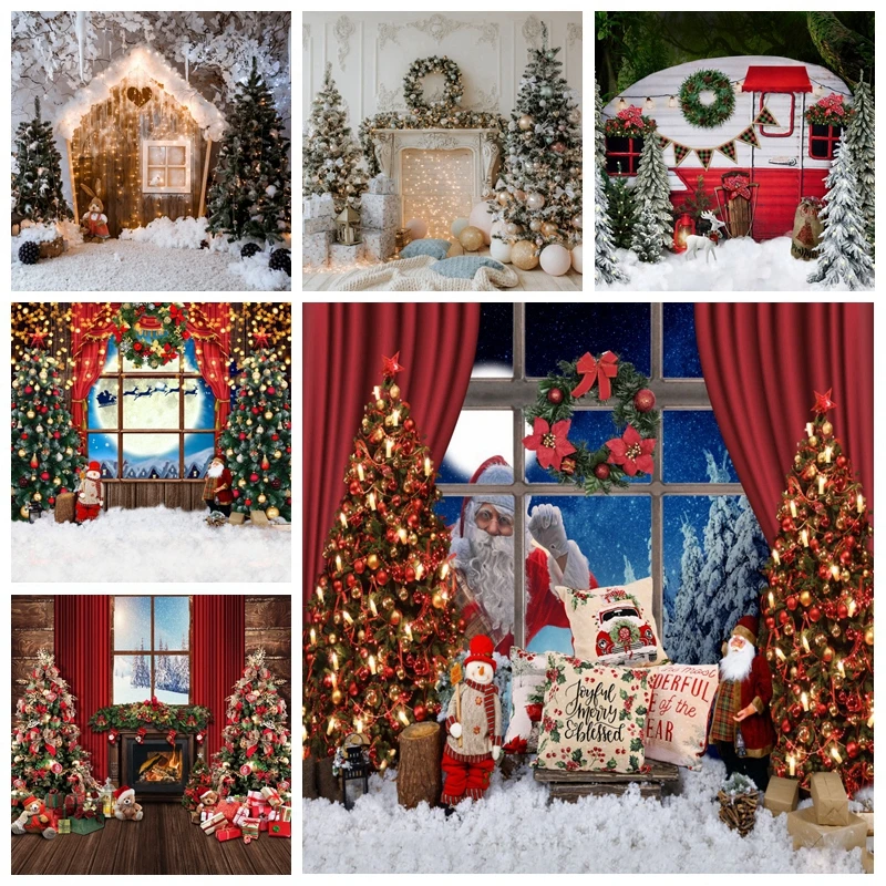 

2023 Merry Christmas Photography Backdrops Winter Fireplace Tree Window Baby Photo Photographic Party Decor Background Photocall