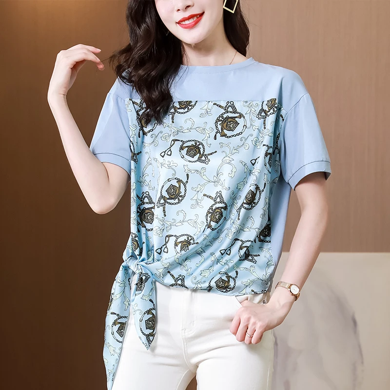 

Женская футболка большого размера из хлопка и шелка, летний Повседневный Топ с принтом, свободные футболки с коротким рукавом, новинка 2022, м...