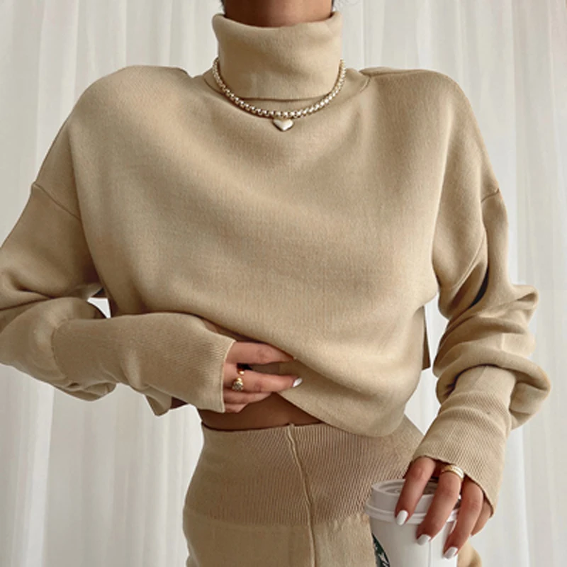 

Winter Solid Knitting High Neck Sweater Women Casaul Solid Loose Crop Top Pullover Autumn Long Sleeve With Glove Jumper Harajuku
