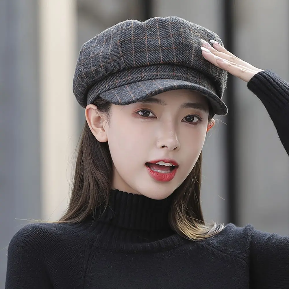 

Winter Adjustable Keep Warm Korean Female Artist Hat Wool Octagonal Hat Painter Hat Plaid Beret Women Caps