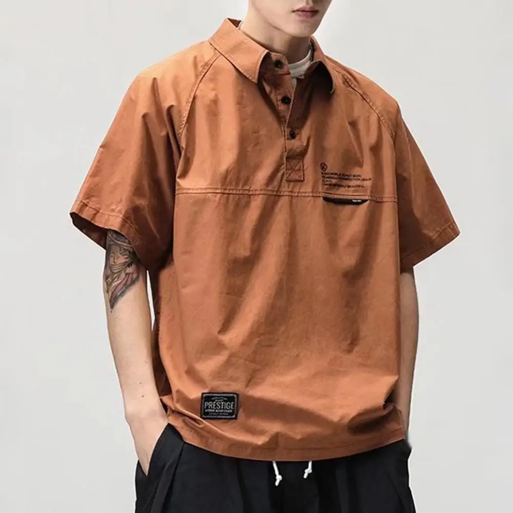

Japanese Style Men Shirt Turn-down Collar Short Sleeve Pure Color Breathable Cotton Blend Loose Summer Men Lapel Shirt Top