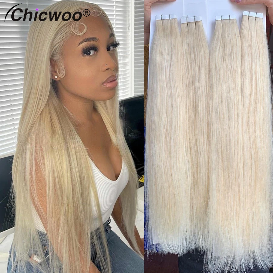 

CHICWOO 12A Straight Tape in Hair Extensions Indian Virgin Human Hair 613 Blonde Natural Color Seamless Skin Weft Adhesive Glue